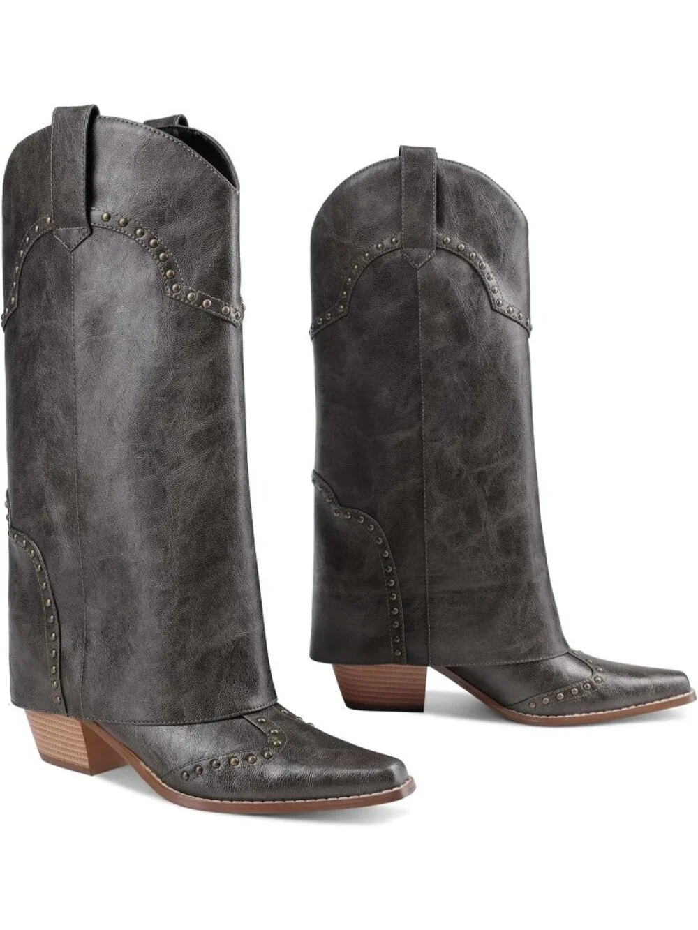 Women's Grey Shark Boots Knee High Cowboy Cowgirl Fold Over Chunky Heel